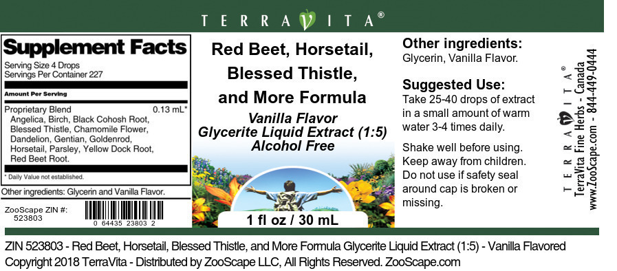Red Beet, Horsetail, Blessed Thistle, and More Formula Glycerite Liquid Extract (1:5) - Label