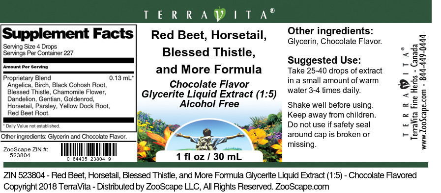 Red Beet, Horsetail, Blessed Thistle, and More Formula Glycerite Liquid Extract (1:5) - Label
