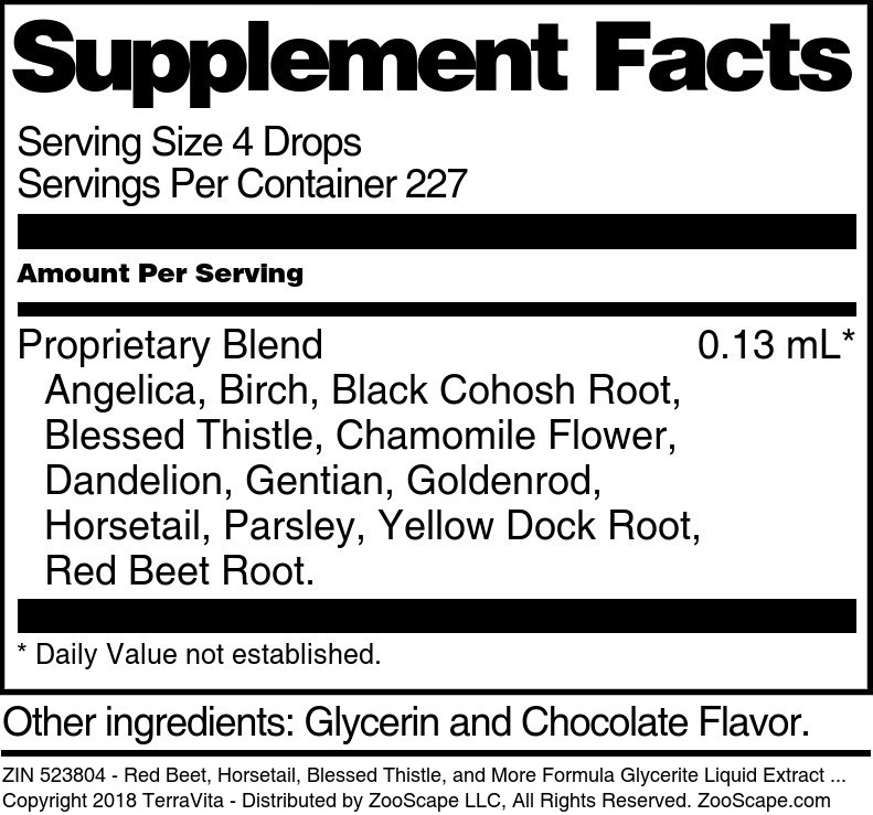 Red Beet, Horsetail, Blessed Thistle, and More Formula Glycerite Liquid Extract (1:5) - Supplement / Nutrition Facts