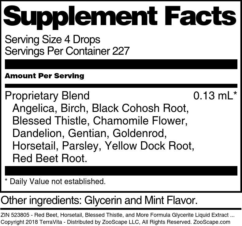 Red Beet, Horsetail, Blessed Thistle, and More Formula Glycerite Liquid Extract (1:5) - Supplement / Nutrition Facts