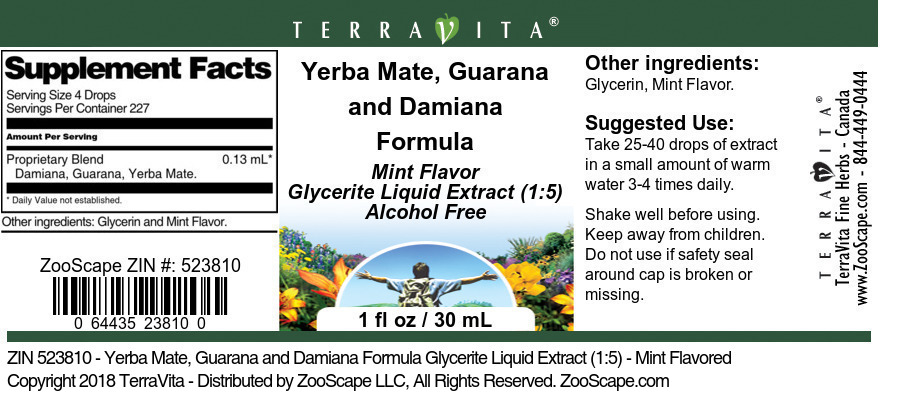 Yerba Mate, Guarana and Damiana Formula Glycerite Liquid Extract (1:5) - Label