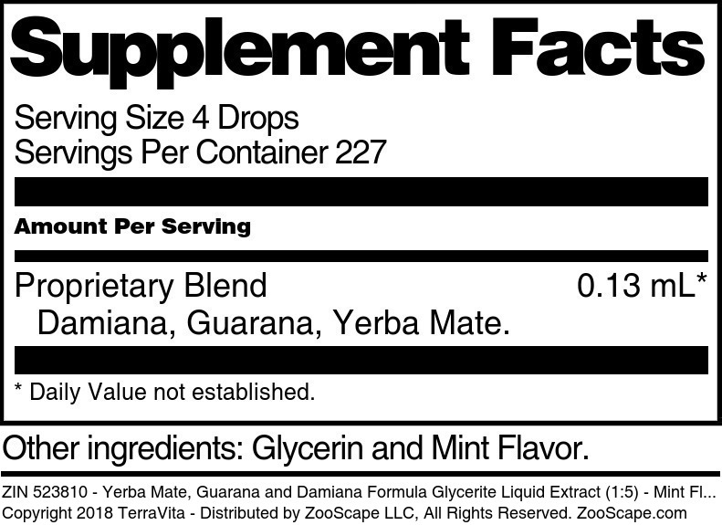 Yerba Mate, Guarana and Damiana Formula Glycerite Liquid Extract (1:5) - Supplement / Nutrition Facts