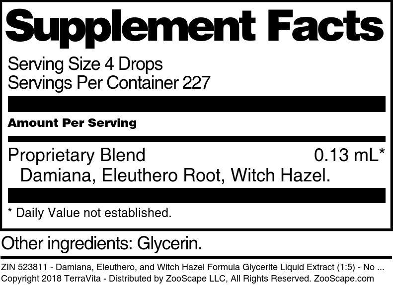 Damiana, Eleuthero, and Witch Hazel Formula Glycerite Liquid Extract (1:5) - Supplement / Nutrition Facts