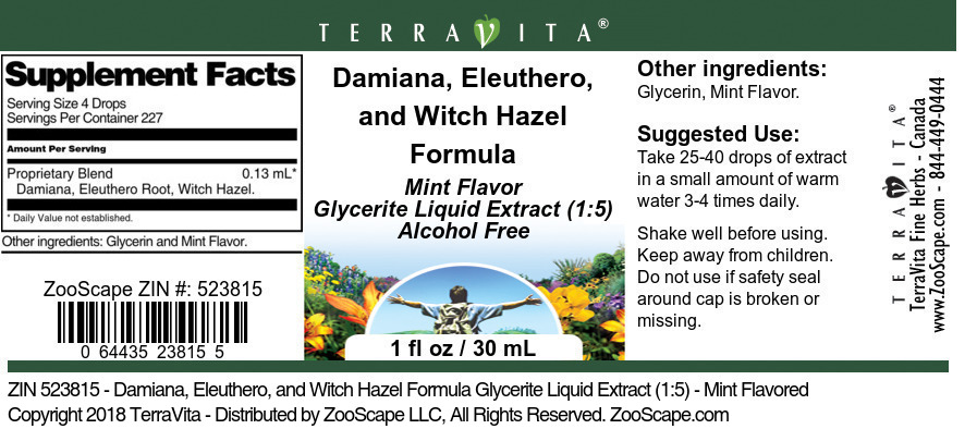 Damiana, Eleuthero, and Witch Hazel Formula Glycerite Liquid Extract (1:5) - Label