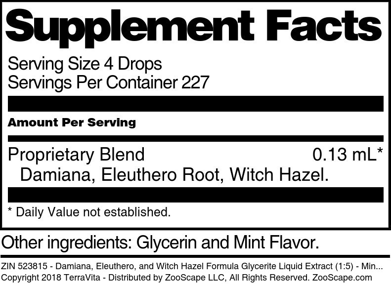 Damiana, Eleuthero, and Witch Hazel Formula Glycerite Liquid Extract (1:5) - Supplement / Nutrition Facts