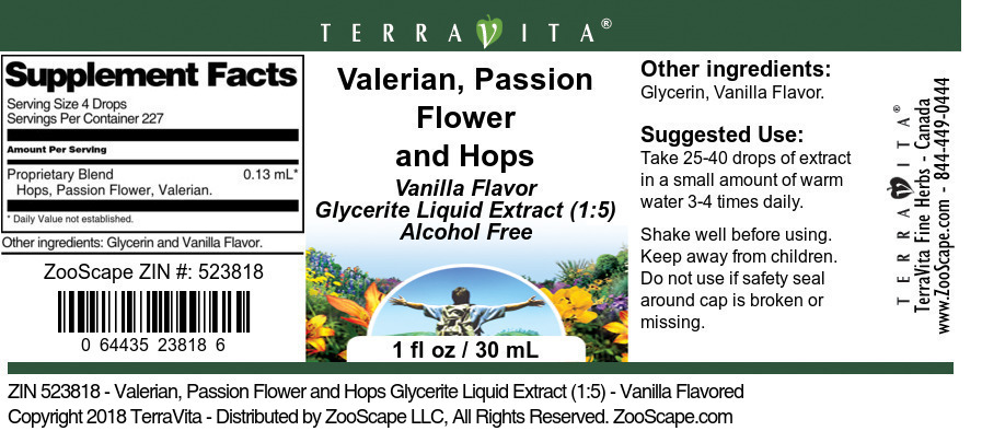 Valerian, Passion Flower and Hops Glycerite Liquid Extract (1:5) - Label