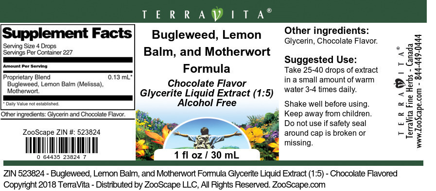 Bugleweed, Lemon Balm, and Motherwort Formula Glycerite Liquid Extract (1:5) - Label