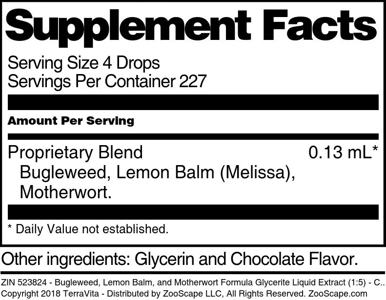 Bugleweed, Lemon Balm, and Motherwort Formula Glycerite Liquid Extract (1:5) - Supplement / Nutrition Facts