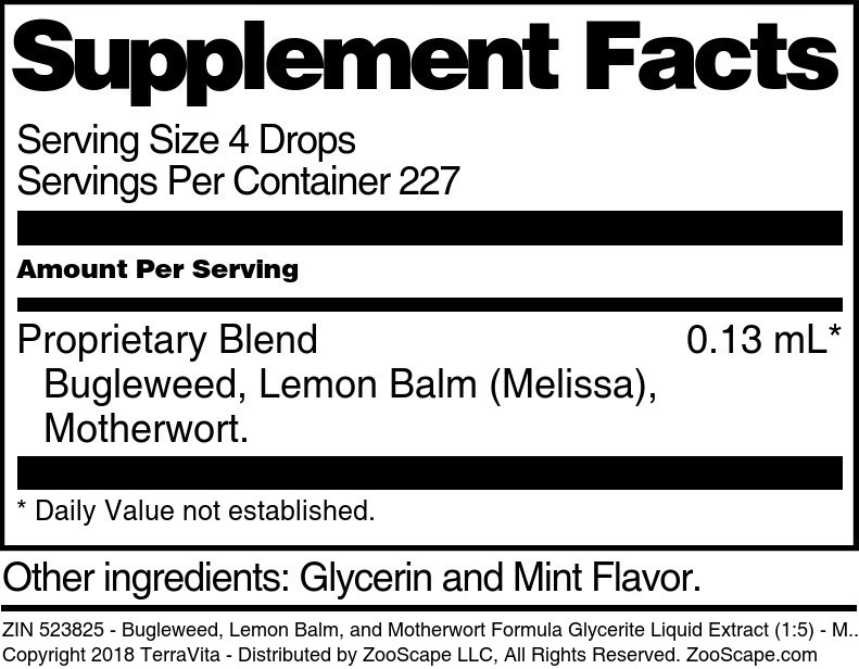 Bugleweed, Lemon Balm, and Motherwort Formula Glycerite Liquid Extract (1:5) - Supplement / Nutrition Facts