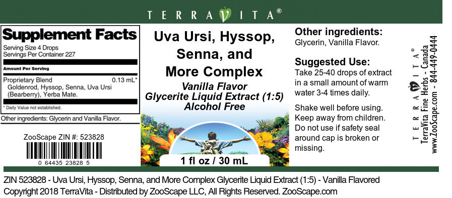 Uva Ursi, Hyssop, Senna, and More Complex Glycerite Liquid Extract (1:5) - Label