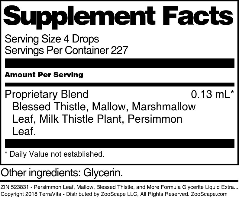 Persimmon Leaf, Mallow, Blessed Thistle, and More Formula Glycerite Liquid Extract (1:5) - Supplement / Nutrition Facts