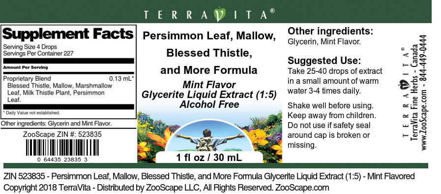 Persimmon Leaf, Mallow, Blessed Thistle, and More Formula Glycerite Liquid Extract (1:5) - Label