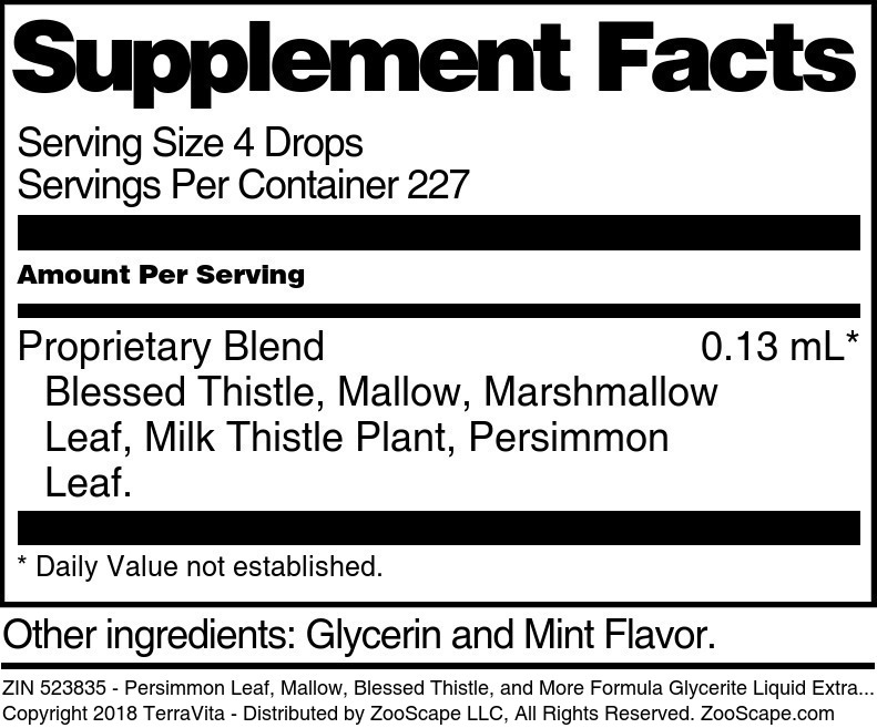 Persimmon Leaf, Mallow, Blessed Thistle, and More Formula Glycerite Liquid Extract (1:5) - Supplement / Nutrition Facts