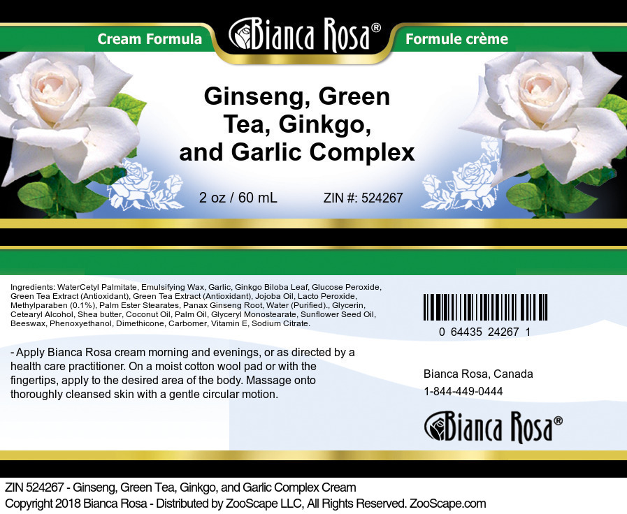 Ginseng, Green Tea, Ginkgo, and Garlic Complex Cream - Label